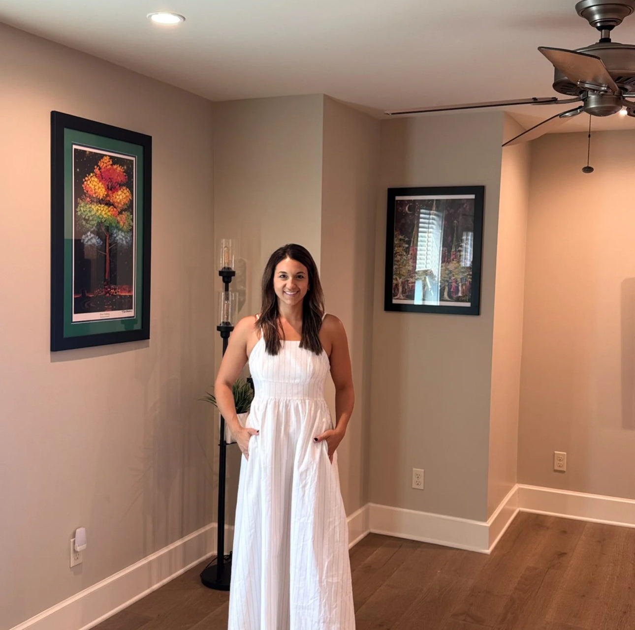 Spaghetti Strap High Waisted Maxi Dress | Beige Stripe