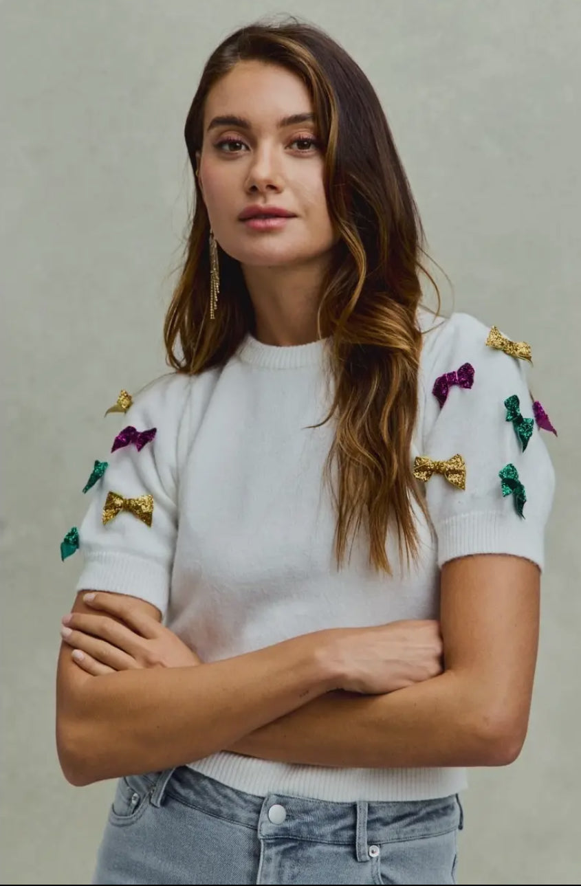 Mardi Gras Glitter Bow Puff Sleeve Top