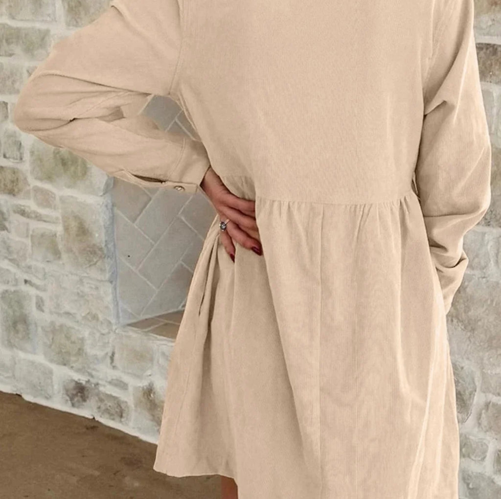 Oatmeal Corduroy Button Mini Dress