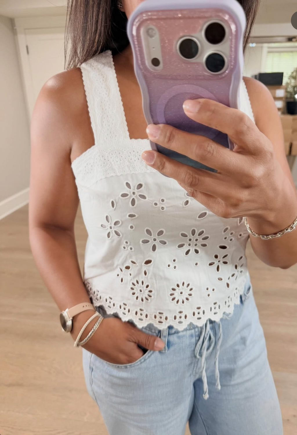 Camellia Eyelet Lace Sleeveless Blouse | Feminine Cotton Summer Tank Top