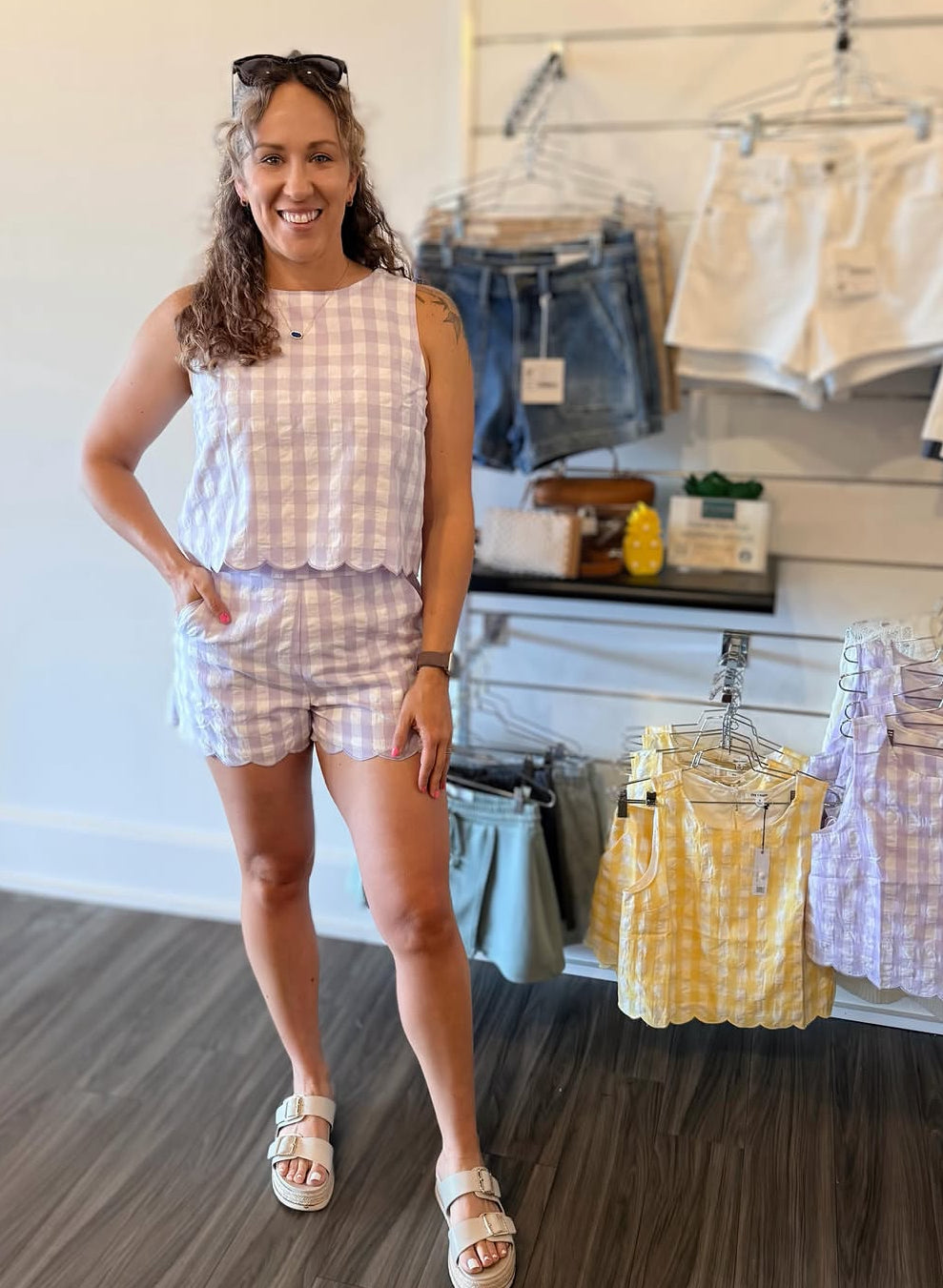 Day + Moon Women's Sleeveless Gingham Top & High-Waisted Gingham Shorts Set with Scallop Hem - Light Purple