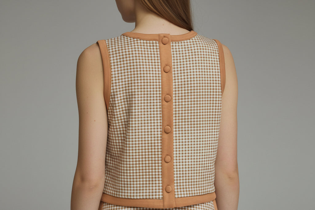 ENTRO | Camel Gingham Contrast Trim Sleeveless Top