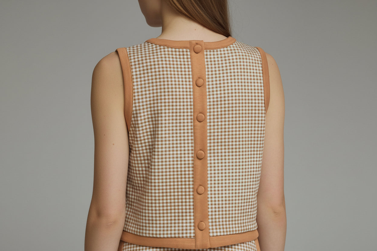 ENTRO | Camel Gingham Contrast Trim Sleeveless Top