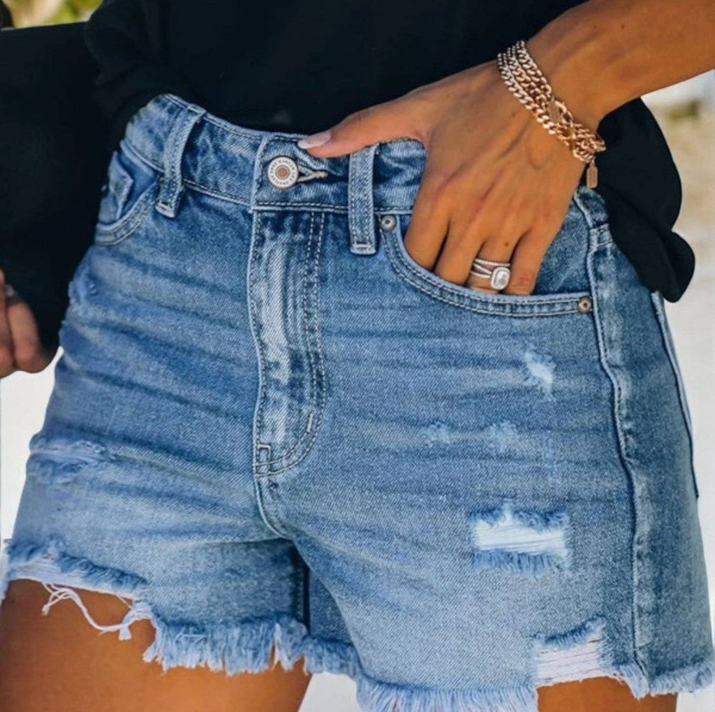 Distressed Denim Shorts with Frayed Hem