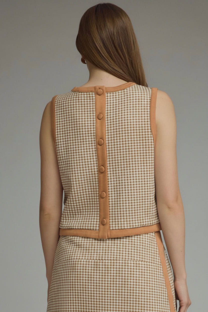 ENTRO | Camel Gingham Contrast Trim Sleeveless Top