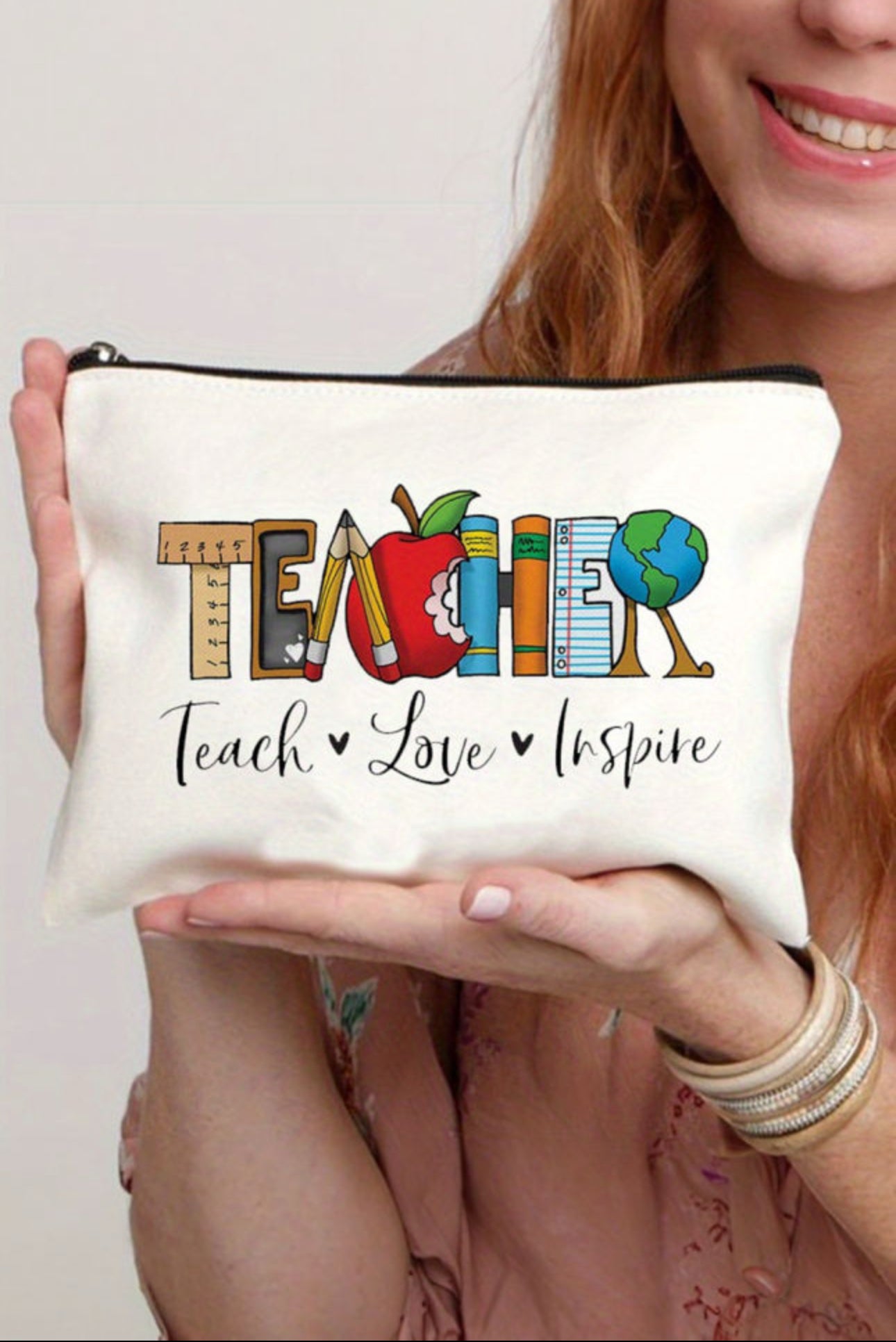 White Teacher Graphic Print Zipper Cosmetic Bag