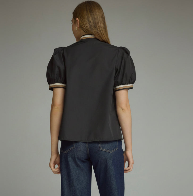 ENTRO | Black Contrast Trim Puff Sleeve Top