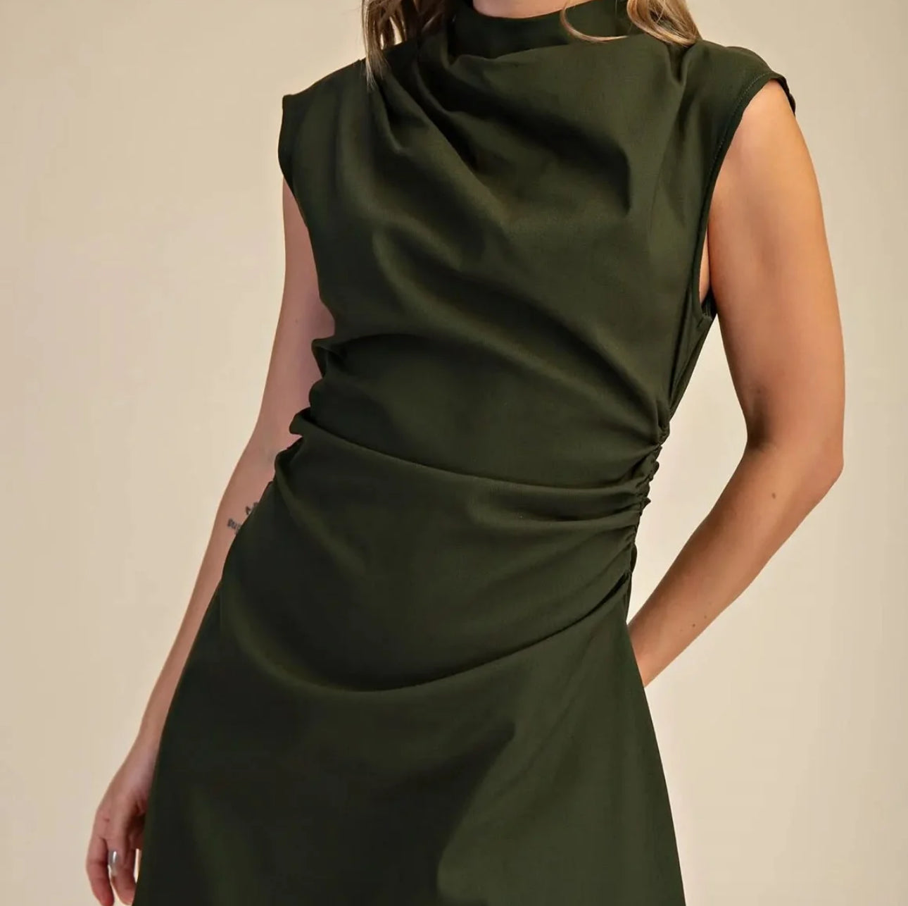 GLAM | Olive Ruched Asymmetrical Mini Dress