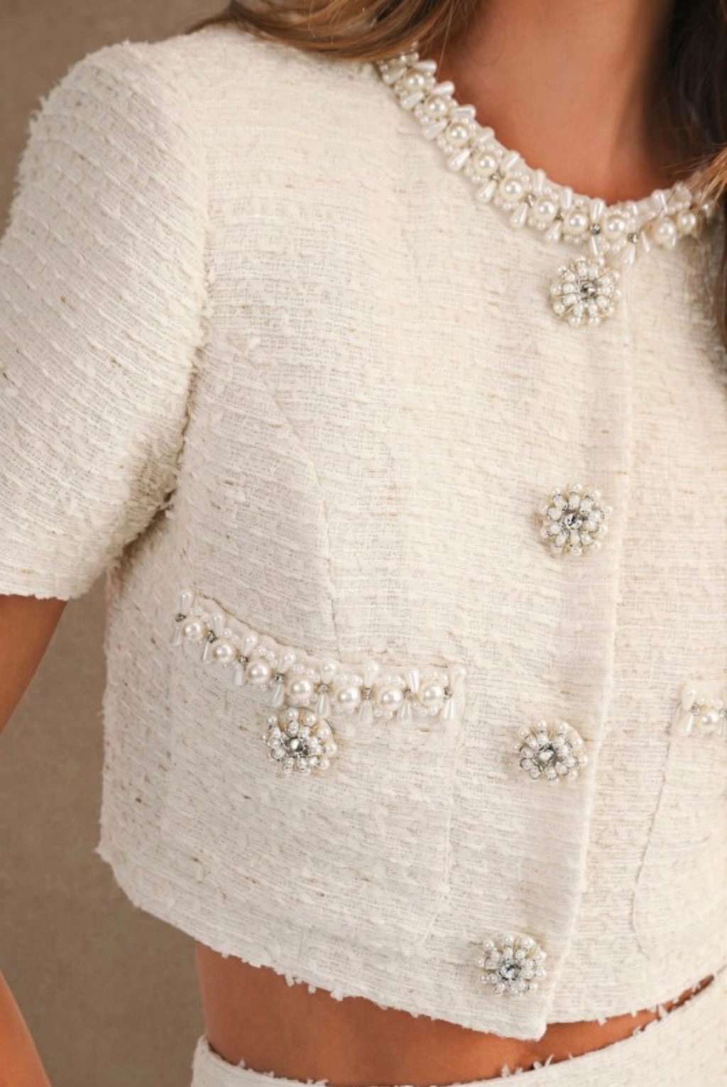 Mable | Cream Tweed Jewel Trim Jacket & Skirt Set | Women’s Two-Piece Suit