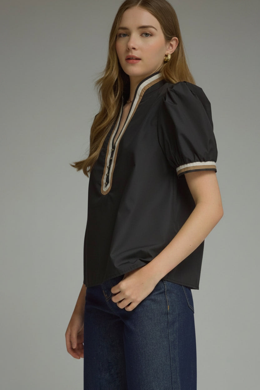 ENTRO | Black Contrast Trim Puff Sleeve Top