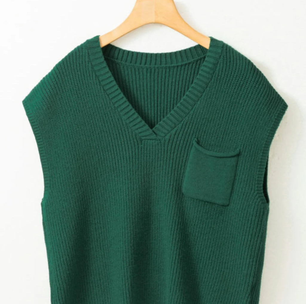 Green V-Neck Pocket Sweater Top | Large
