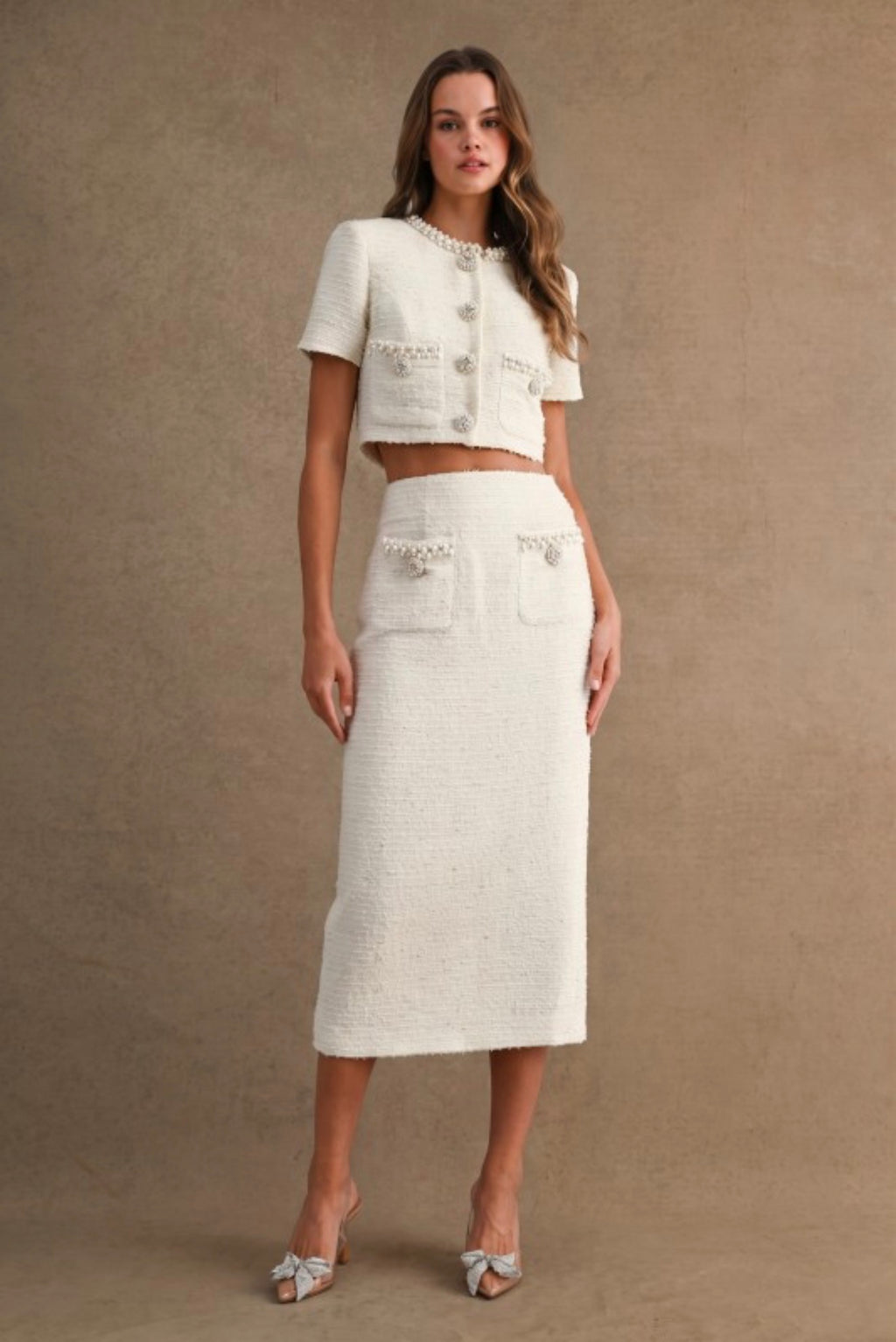 Mable | Cream Tweed Jewel Trim Jacket & Skirt Set | Women’s Two-Piece Suit
