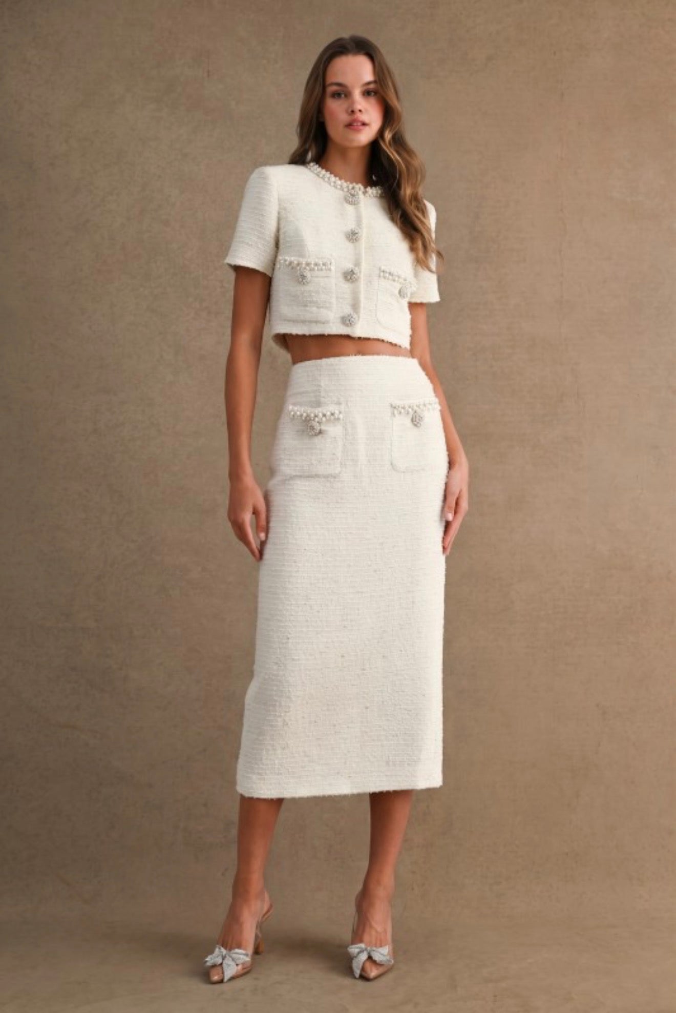 Mable | Cream Tweed Jewel Trim Jacket & Skirt Set | Women’s Two-Piece Suit