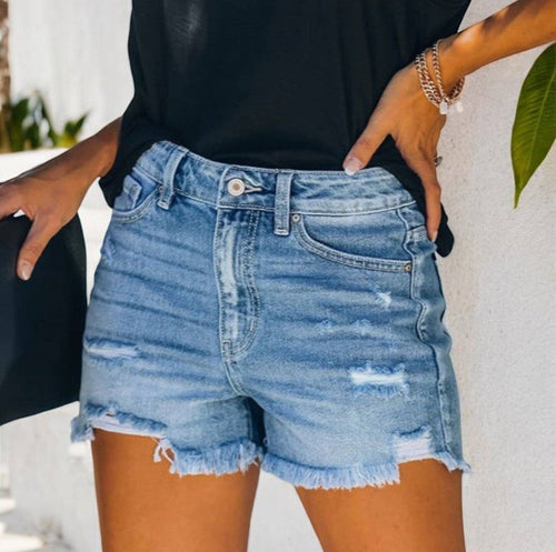Anna Kaci Distressed Denim Shorts with Frayed Hem