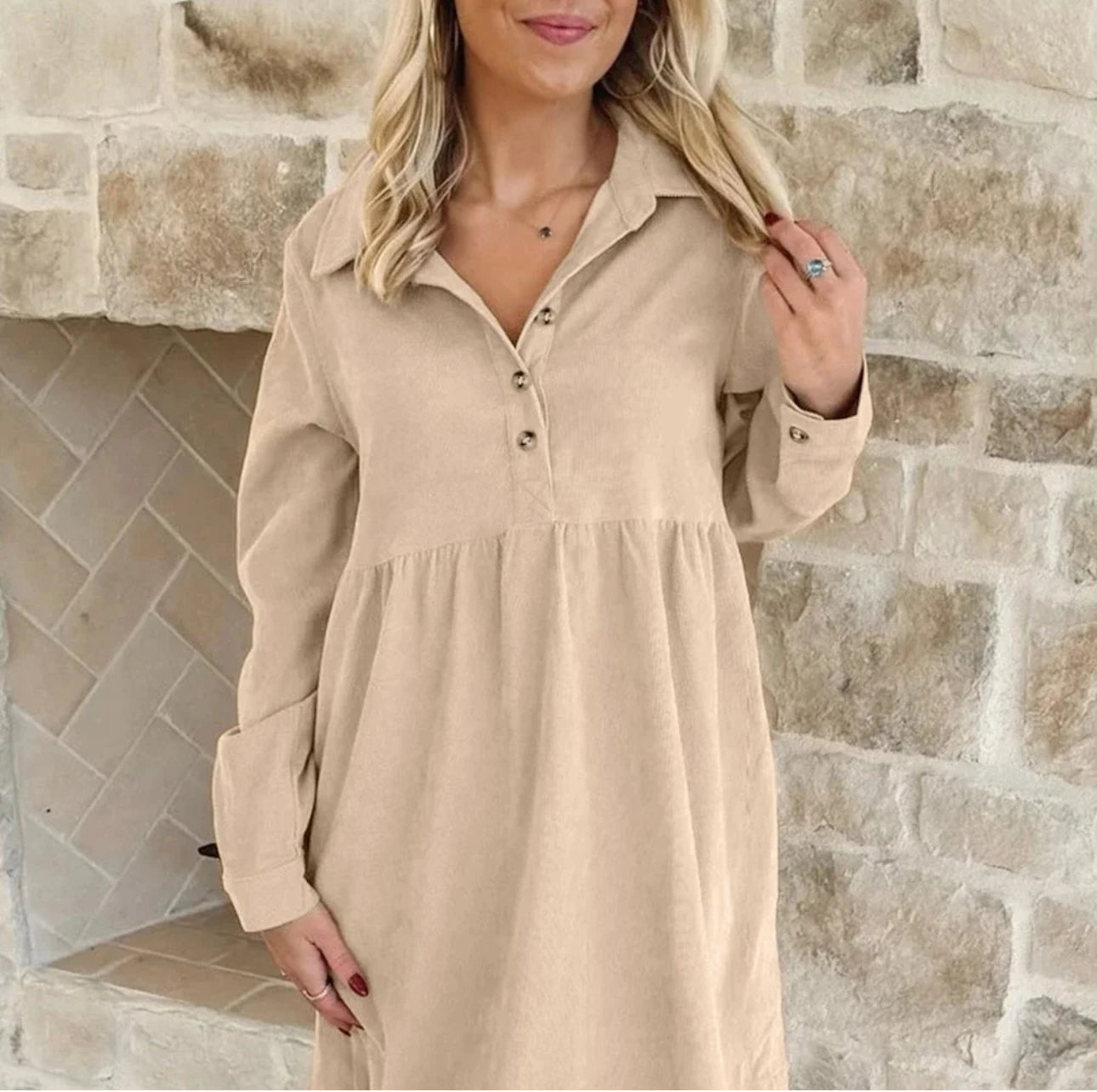Oatmeal Corduroy Button Mini Dress