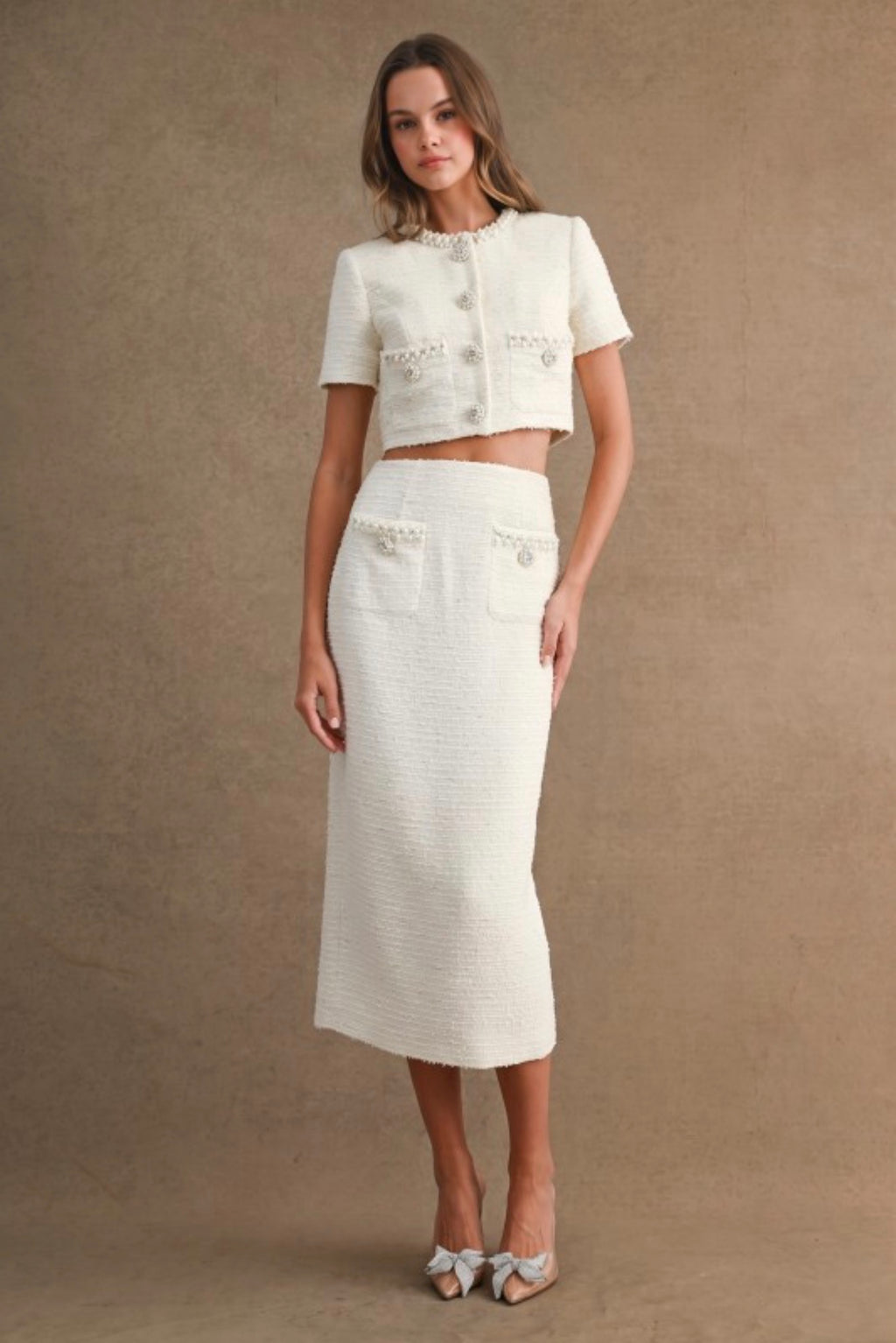 Mable | Cream Tweed Jewel Trim Jacket & Skirt Set | Women’s Two-Piece Suit