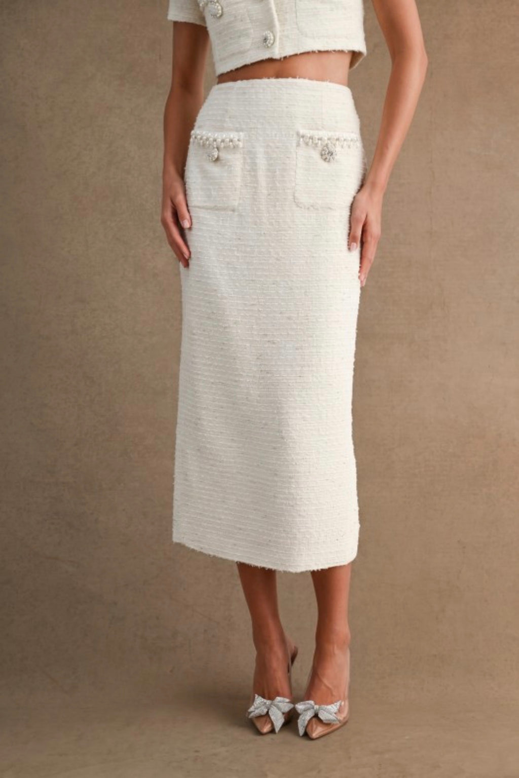 Mable | Cream Tweed Jewel Trim Jacket & Skirt Set | Women’s Two-Piece Suit
