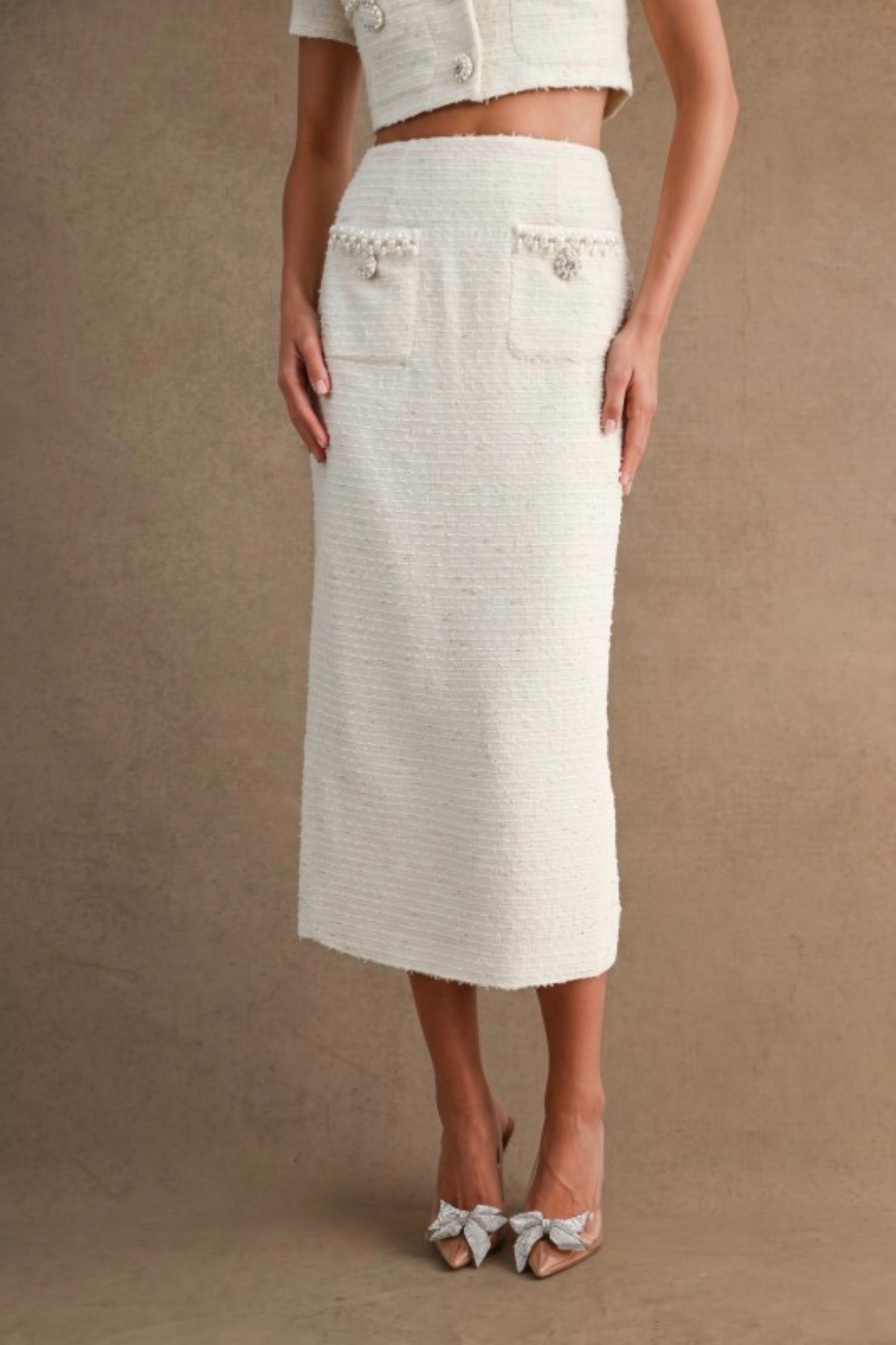 Mable | Cream Tweed Jewel Trim Jacket & Skirt Set | Women’s Two-Piece Suit