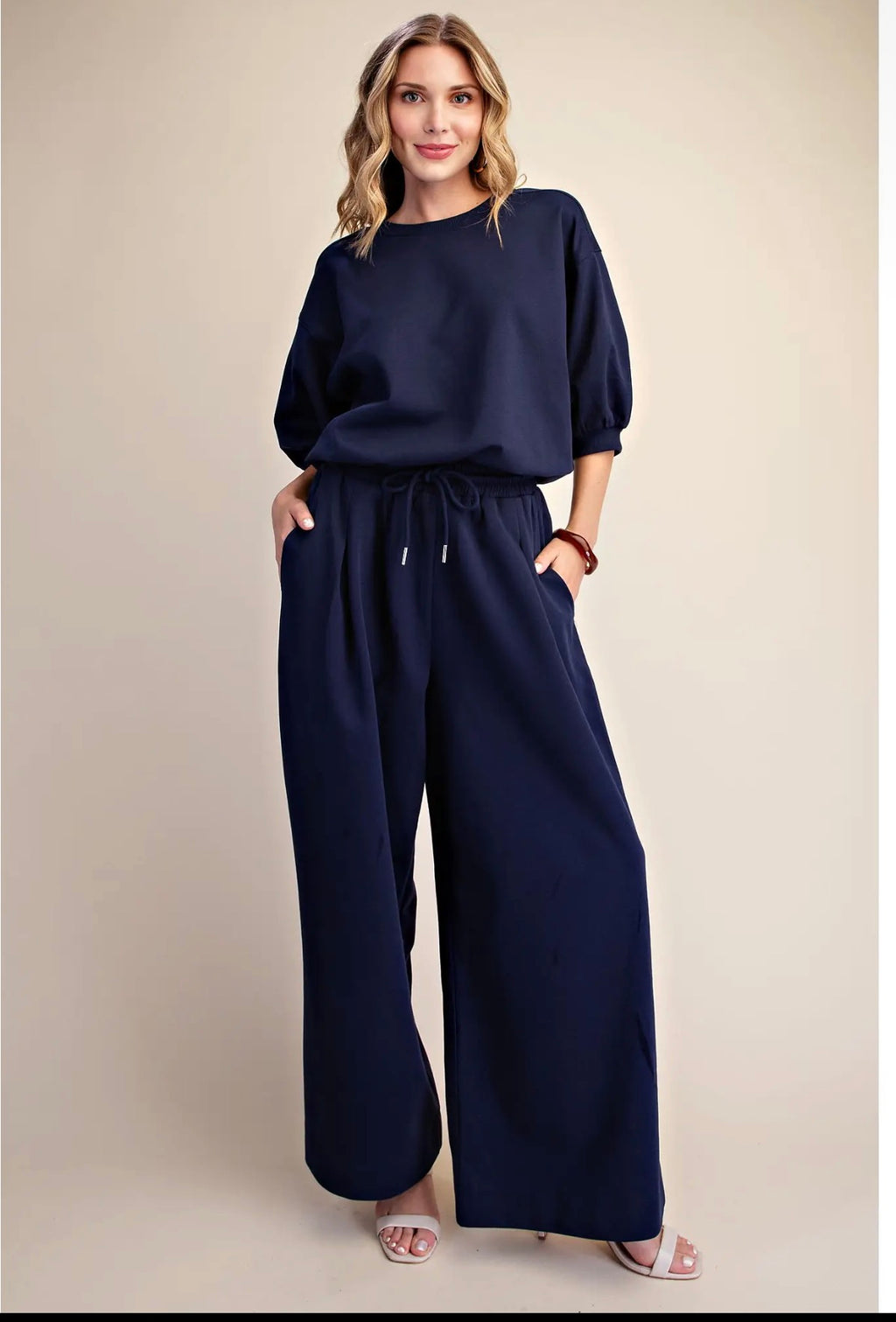 Glam | Bubble Sleeve Top and Wide Leg Pants Set