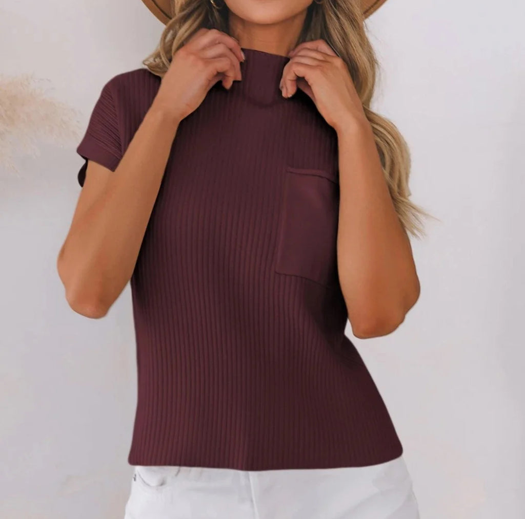 Maroon Ribbed knit Short Sleeve Sweater