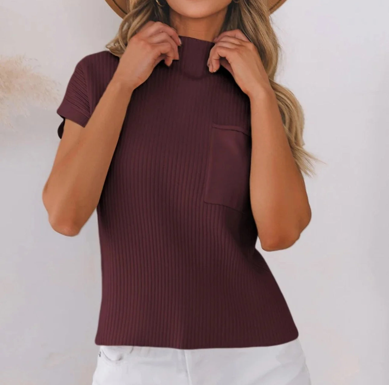 Maroon Ribbed knit Short Sleeve Sweater