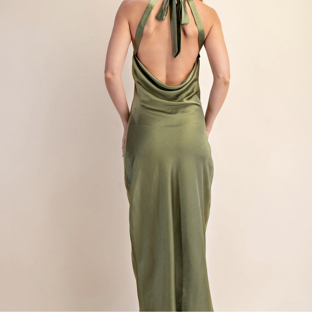 Glam Olive Halter Neck Open Back Dress