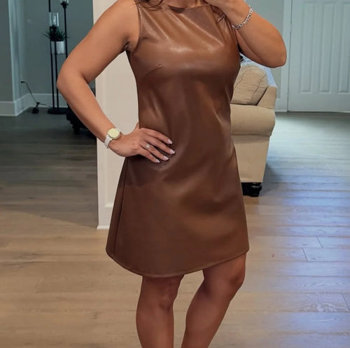 Brown Leather Sleeveless Mini Dress