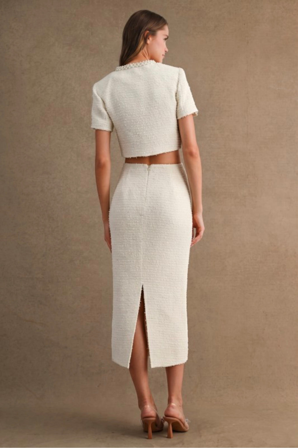 Mable | Cream Tweed Jewel Trim Jacket & Skirt Set | Women’s Two-Piece Suit