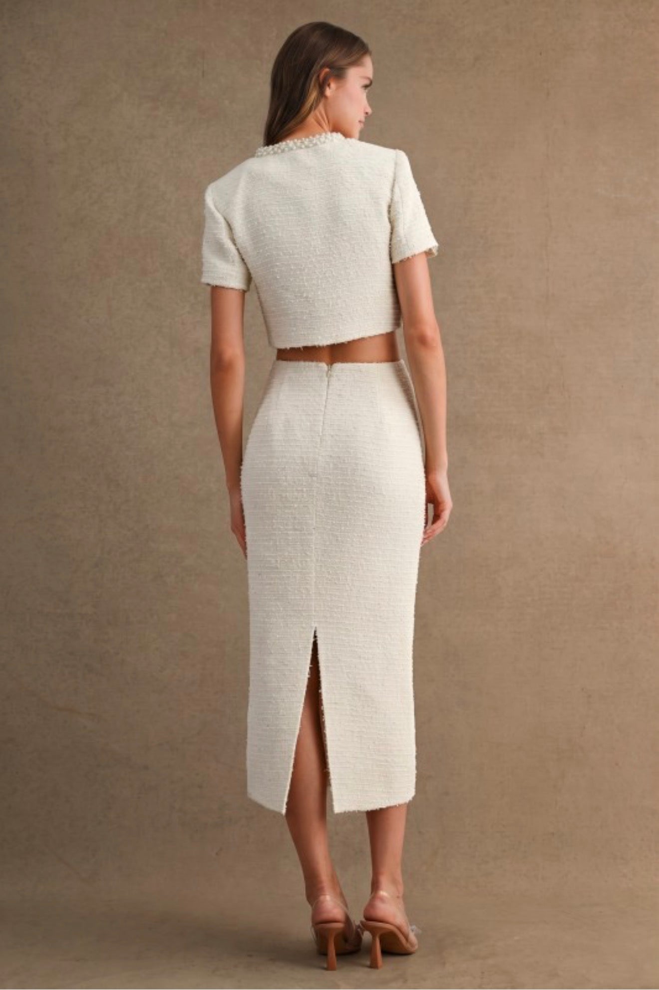 Mable | Cream Tweed Jewel Trim Jacket & Skirt Set | Women’s Two-Piece Suit