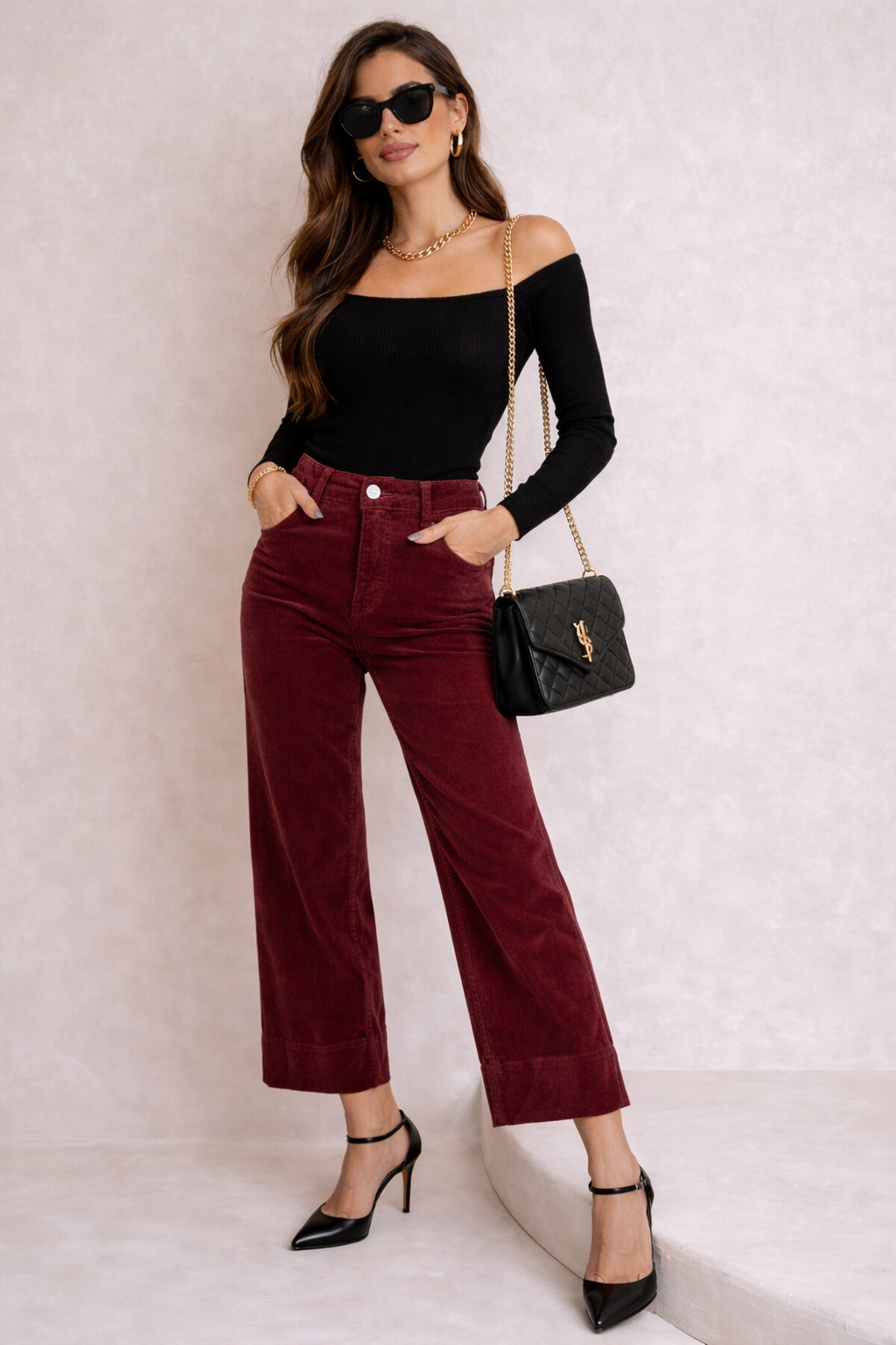 Burgundy High-Waist Wide Leg Pants