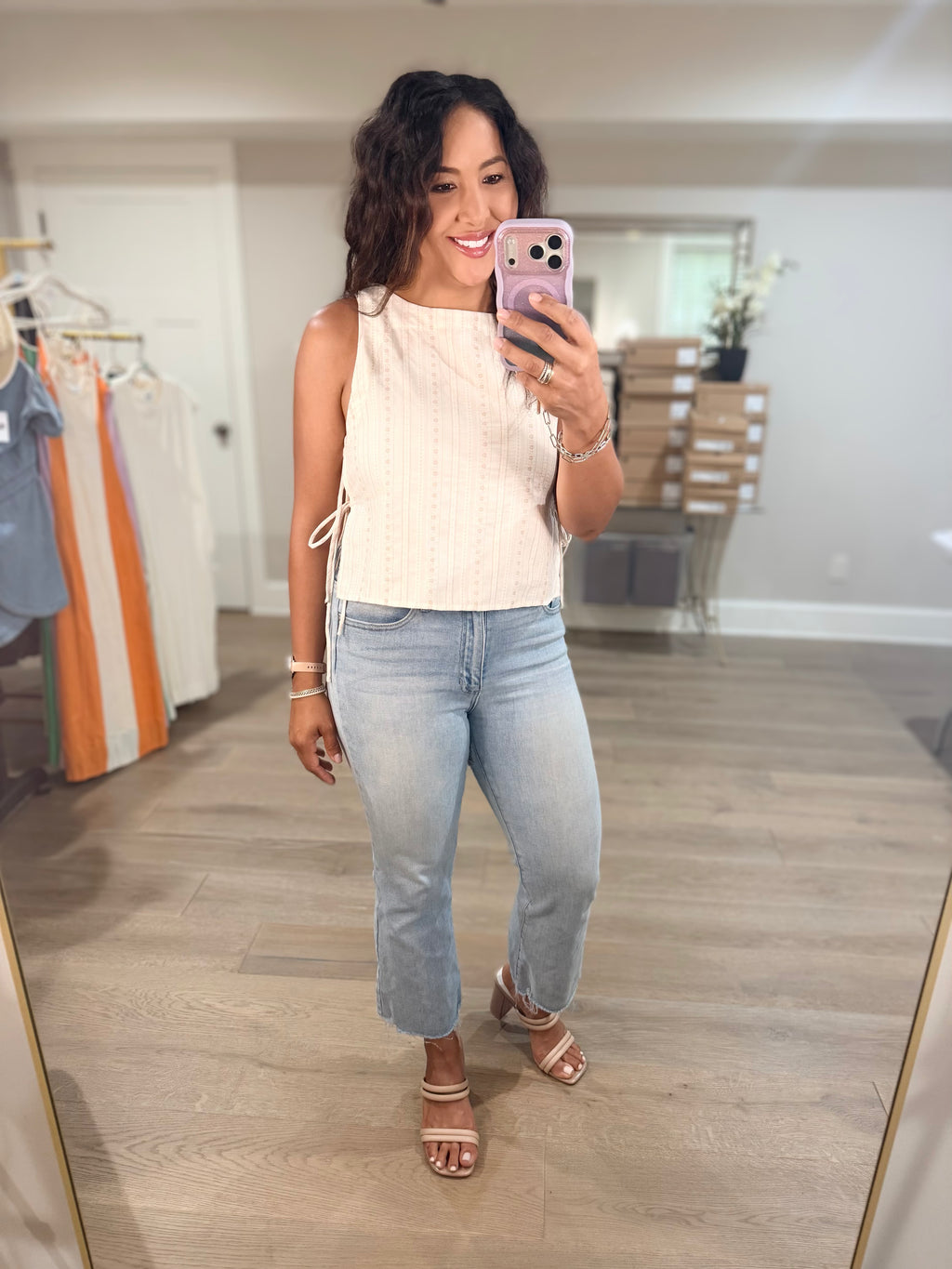 Heartland Side Tie Sleeveless Top: Cream Multi Floral Tank