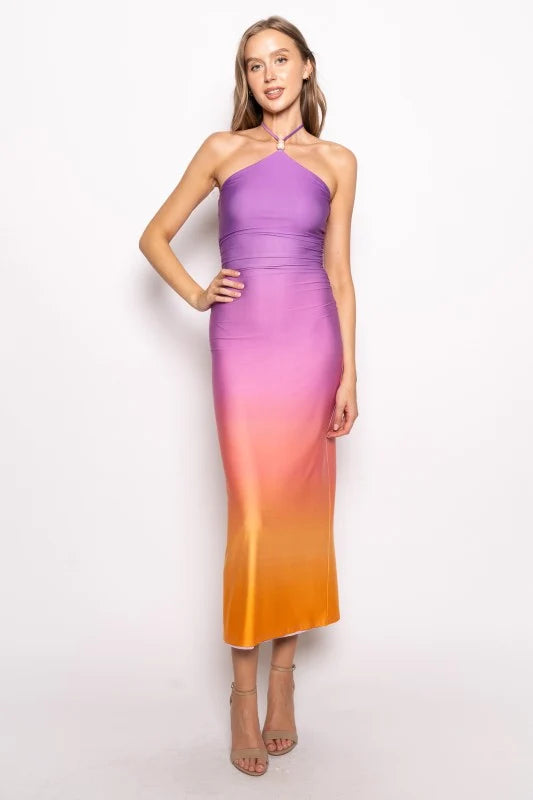 FORE | Ombre Halter Beaded Maxi Dress