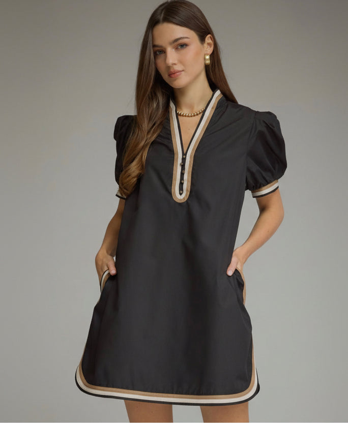 ENTRO | Black and Gold Puff Sleeve Mini Dress