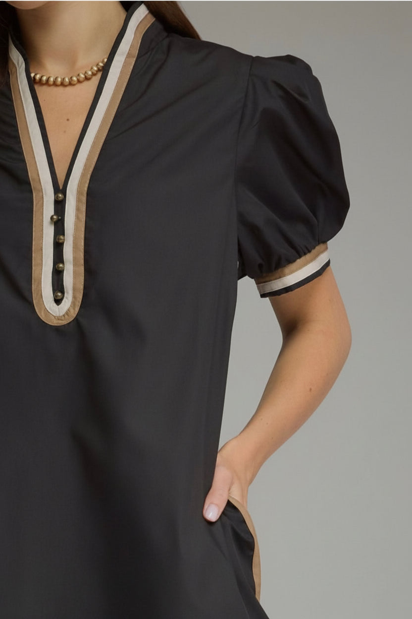 ENTRO | Black and Gold Puff Sleeve Mini Dress