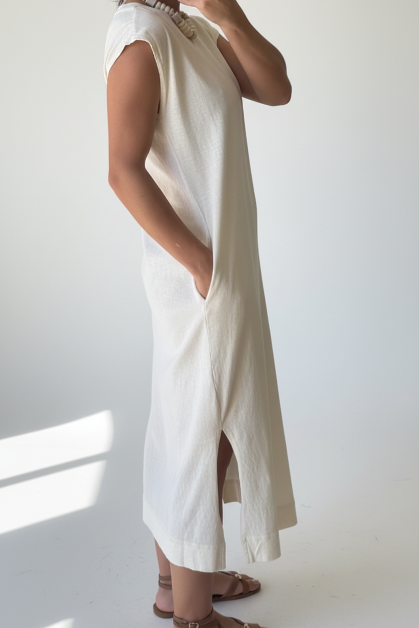 Double Zero Cream Mineral Wash Cap Sleeve Midi Dress