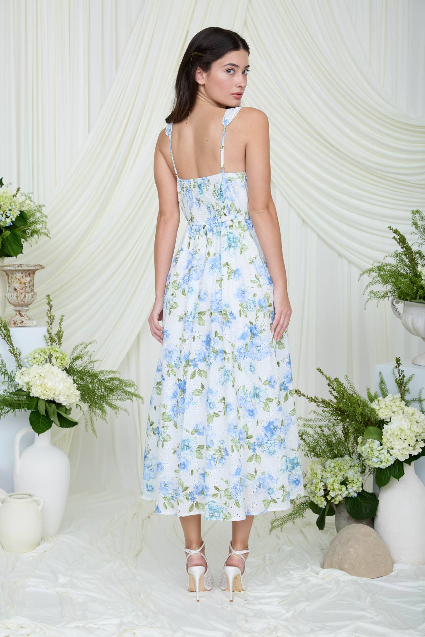 Blue Floral Eyelet Midi Dress