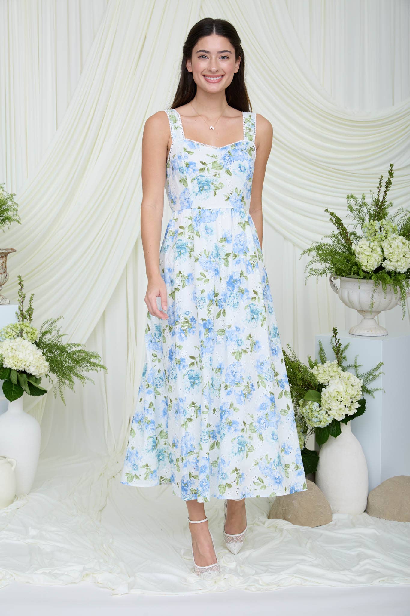 Blue Floral Eyelet Midi Dress