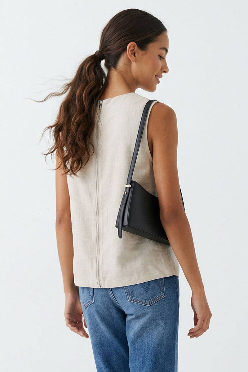 Naked Zebra | Women’s Linen Blend Sleeveless Top with Back Zipper Detail - Off White