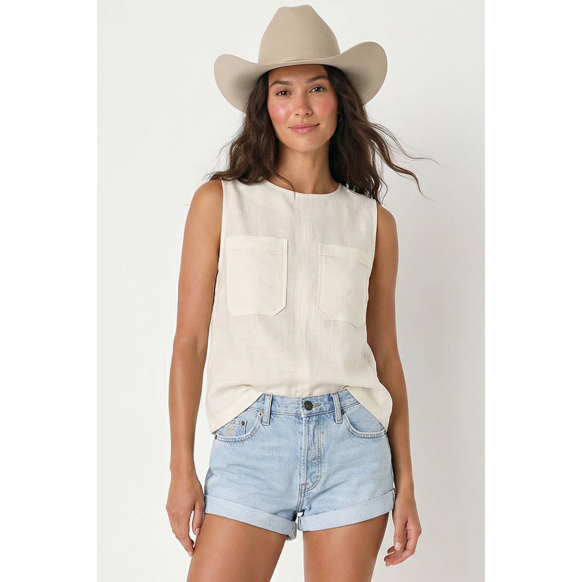 Off White Linen Blend Sleeveless Top with Back Zipper