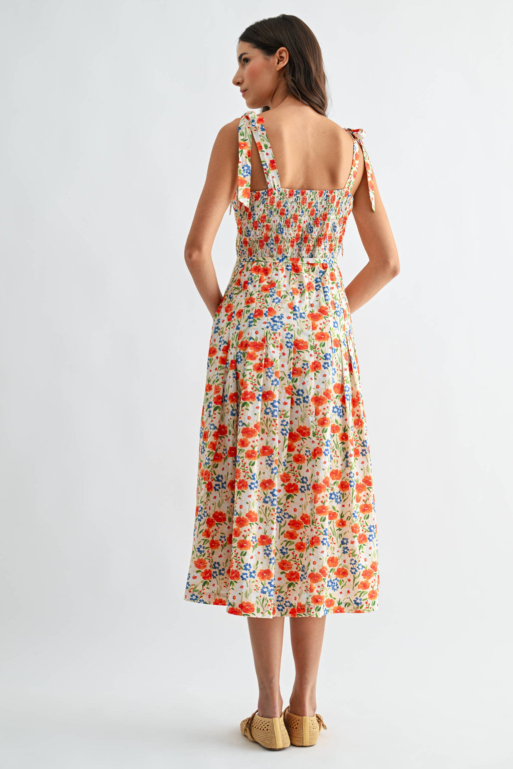 Camellia Floral Tie-Shoulder Belted Midi Dress