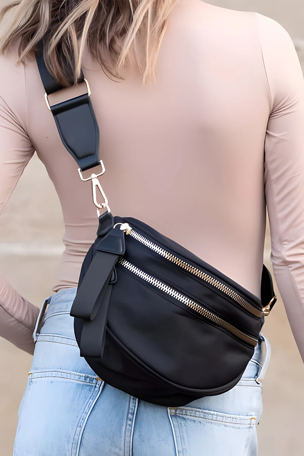 Black Double Zip Crescent Shape Adjustable Sling Bag