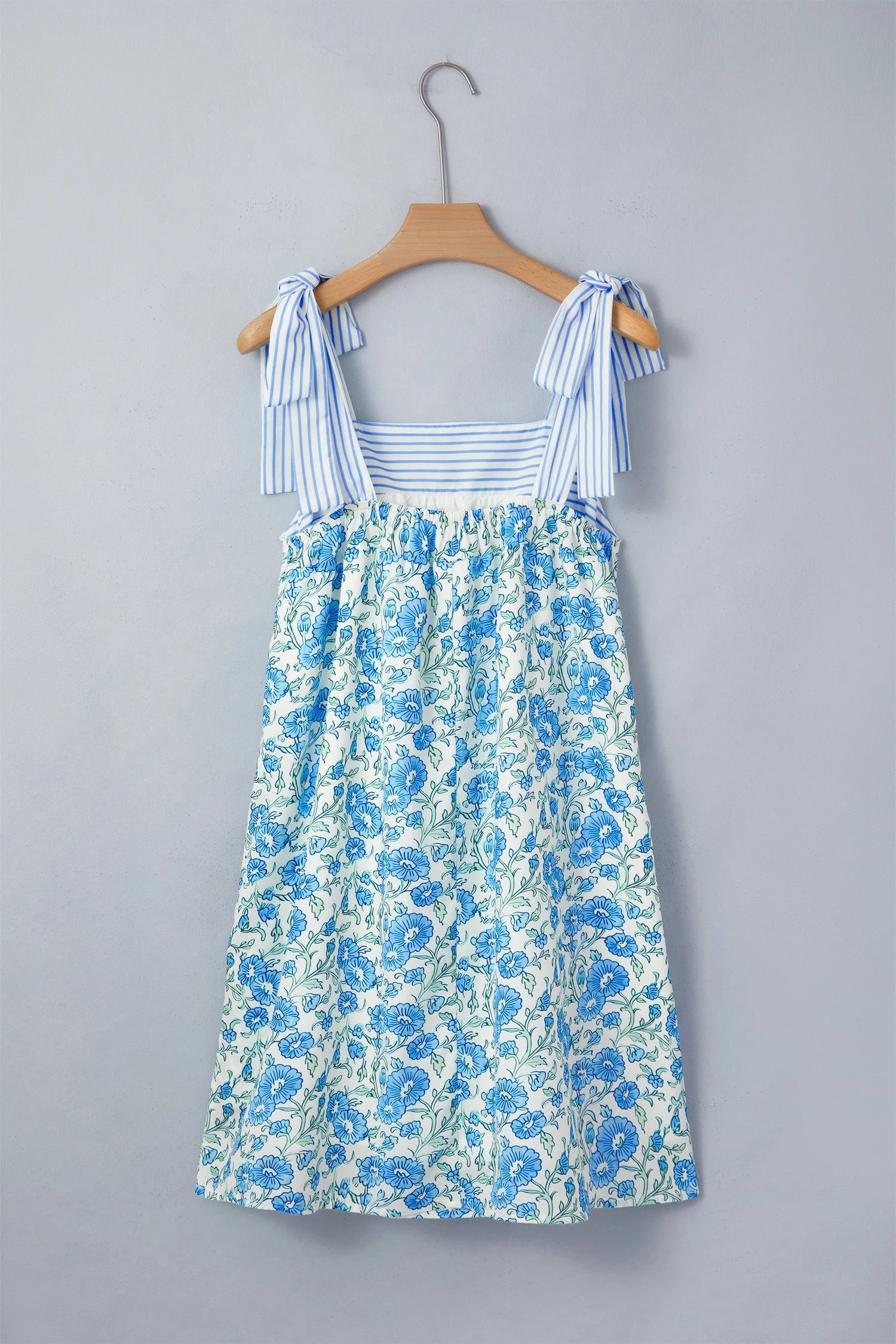Sky Blue Floral Print Striped Patchwork Bow Knot Straps Mini Dress