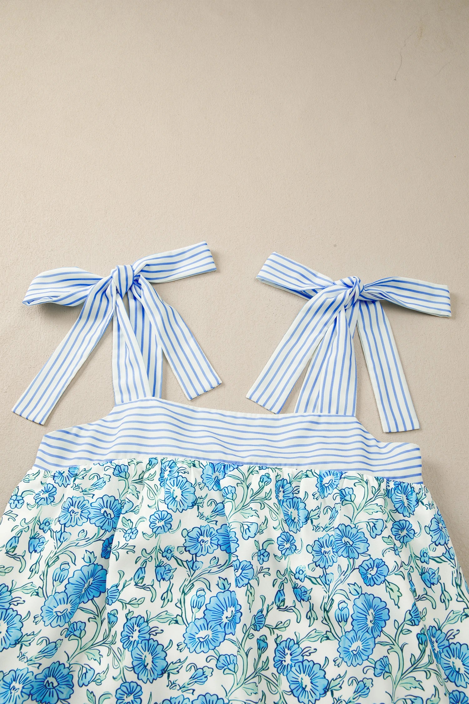 Sky Blue Floral Print Striped Patchwork Bow Knot Straps Mini Dress