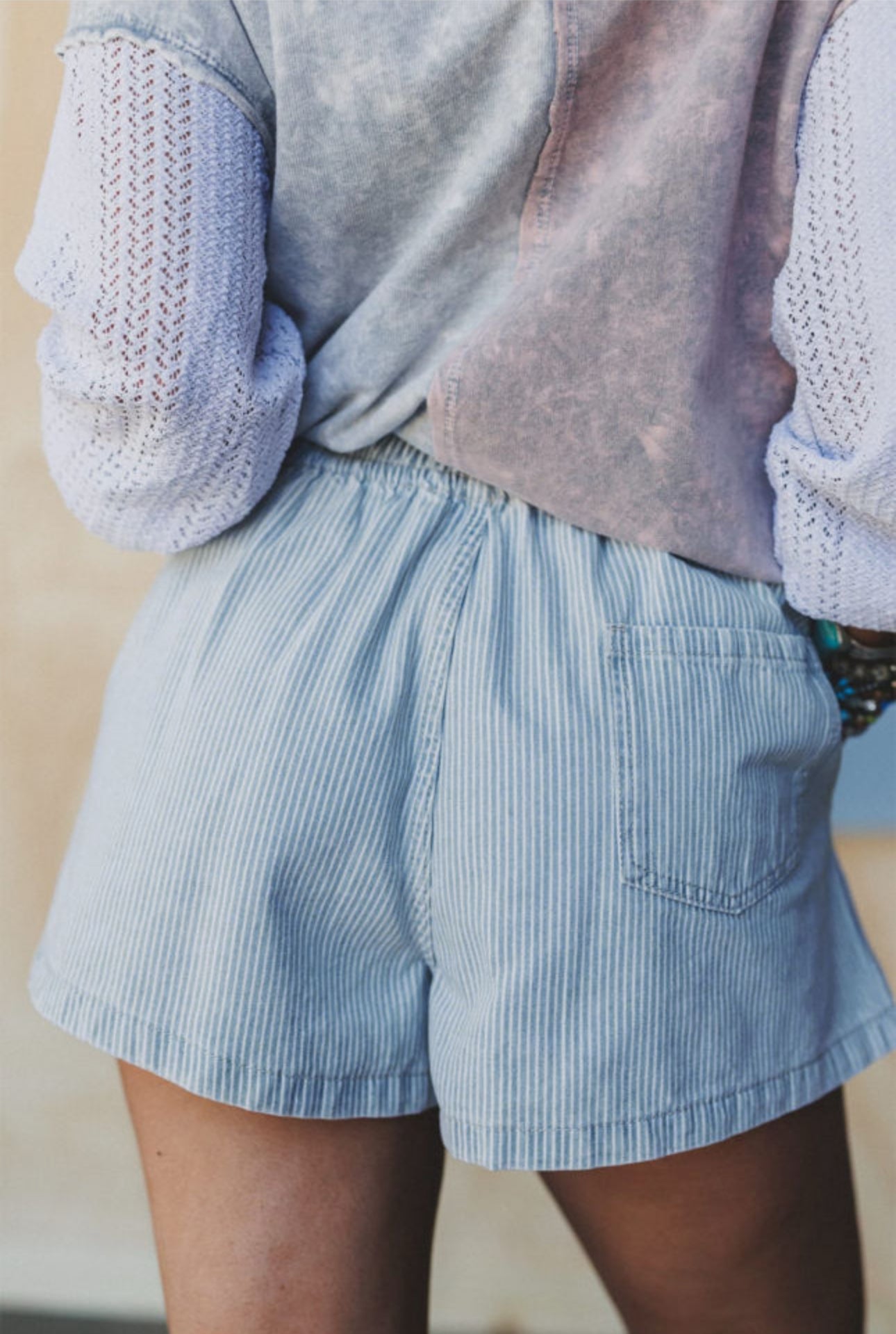 Blue Striped Drawstring Denim Shorts