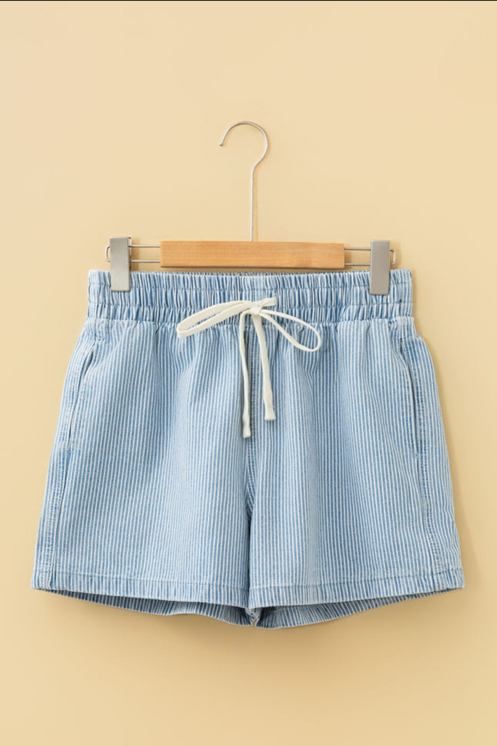 Blue Striped Drawstring Denim Shorts