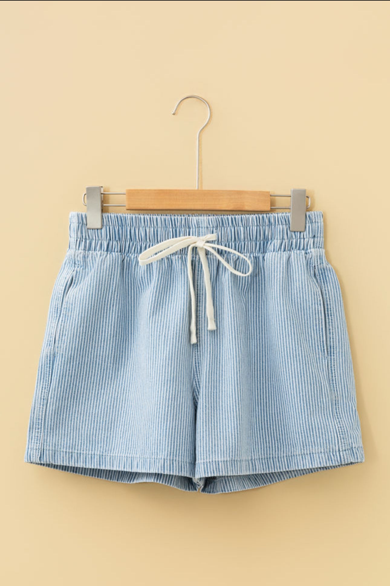 Blue Striped Drawstring Denim Shorts