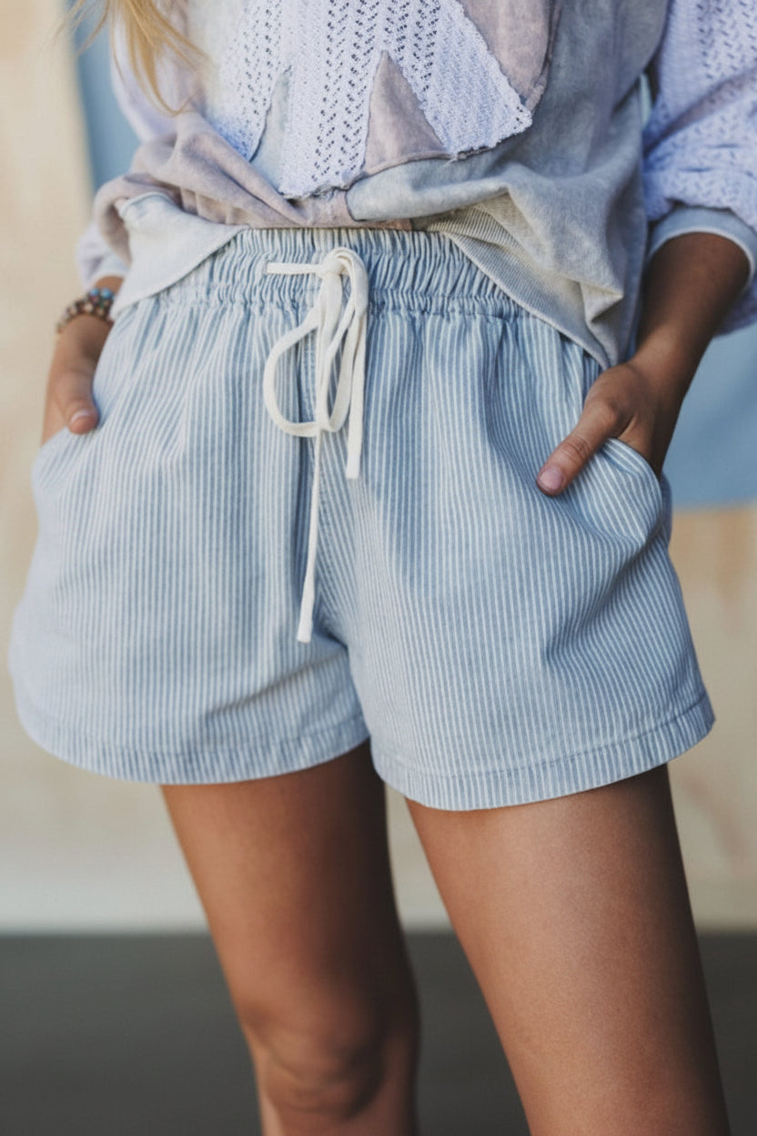 Blue Striped Drawstring Denim Shorts