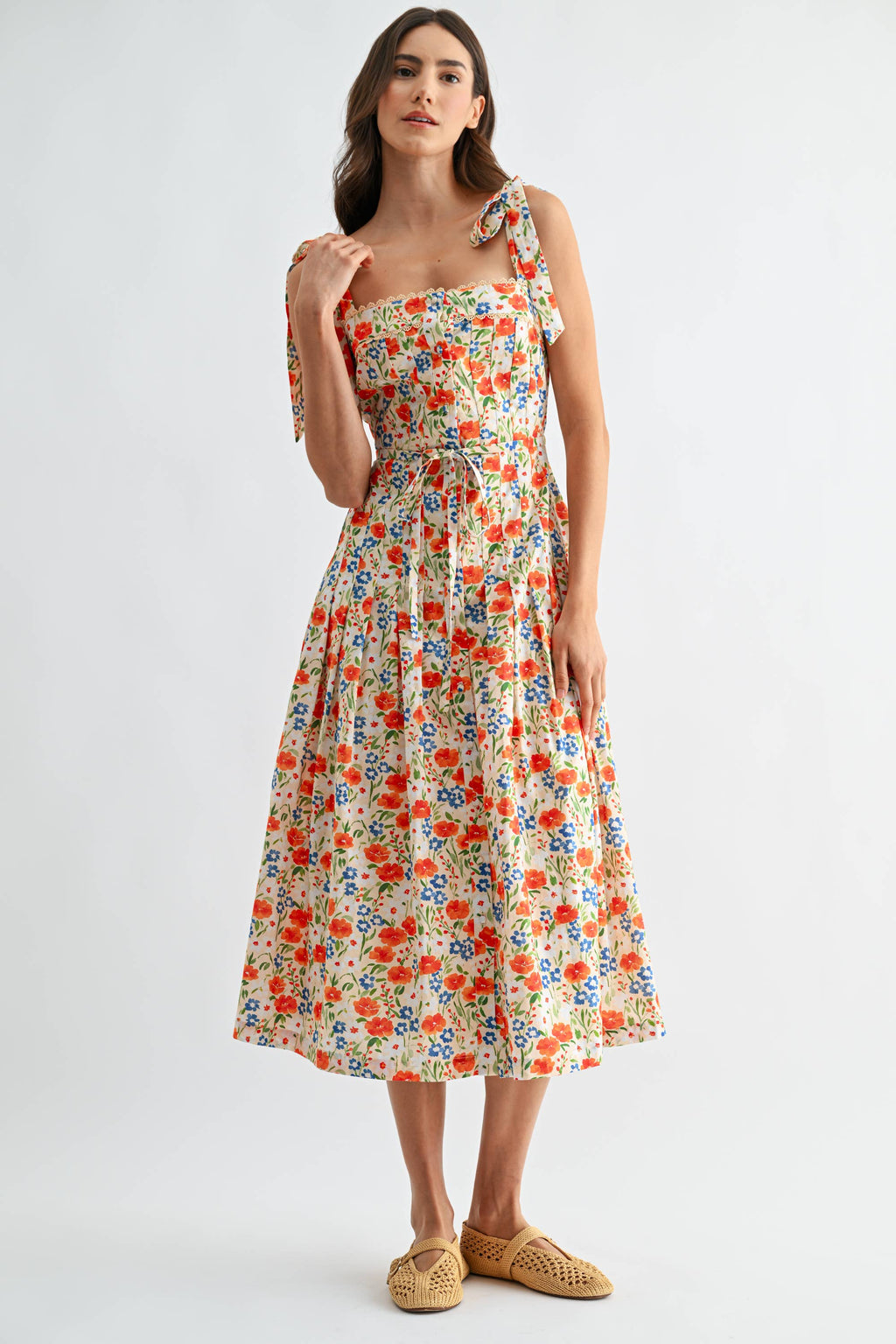 Camellia Floral Tie-Shoulder Belted Midi Dress