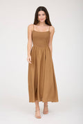 Brown Smocked Waist Midi Dress