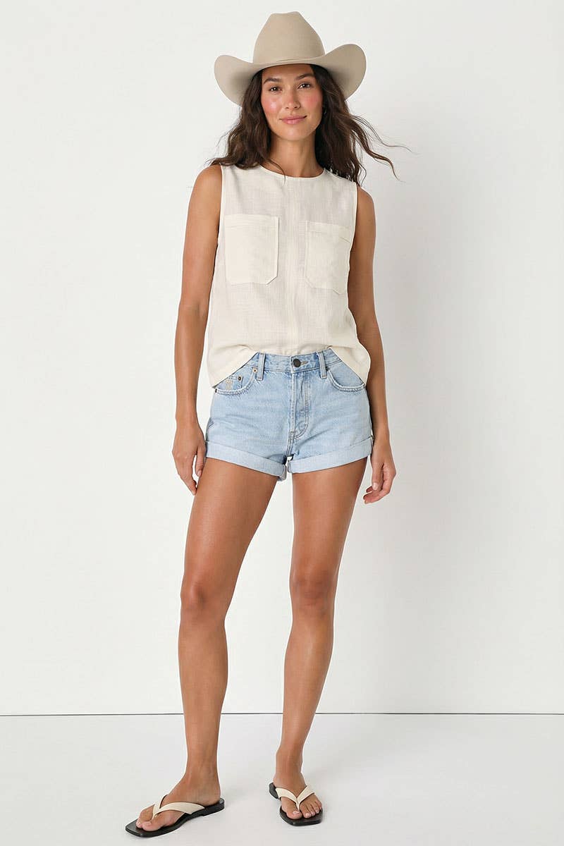 Off White Linen Blend Sleeveless Top with Back Zipper